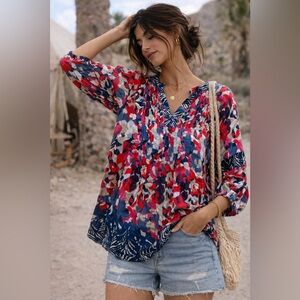 Style & Co. 100% cotton Vibrant Floral Blouse - Red and Blue